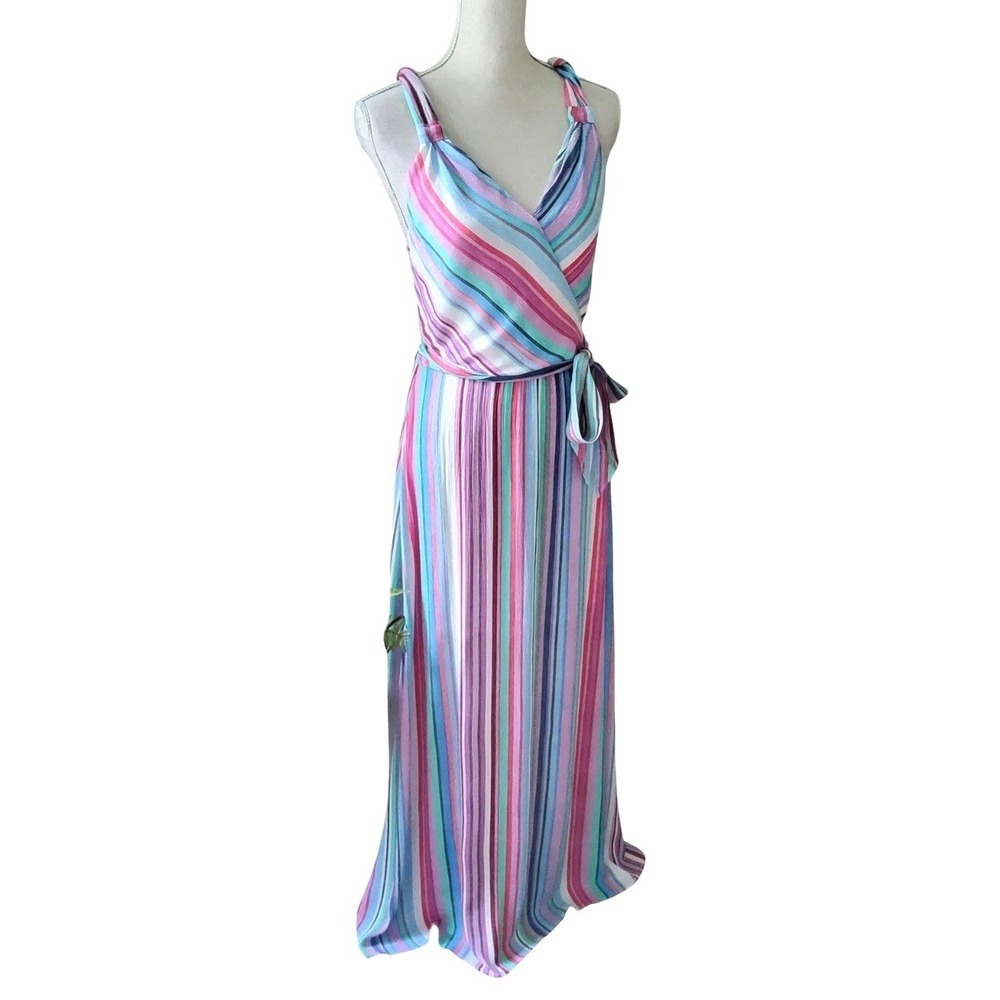 L Love Striped Maxi Dress Womens Large Multi Pink Blue Wrap Tie Waist Twist Back